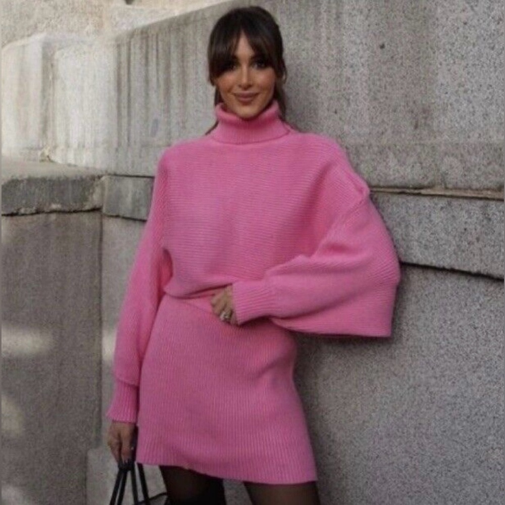 Zara Pink Turtleneck Sweater and Skirt Set with Ribbed Texture
